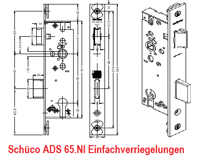 Schüco Einfachverriegelungen, für die Aluminiumtüren ADS 65.NI. Riegel-Fallenschlösser, Rollen-Fallenschlösser, Rollenschlösser, Riegelschlösser.